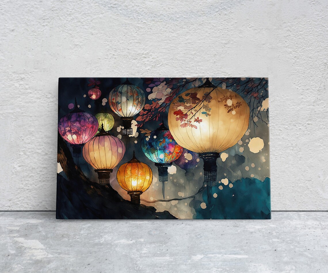 Paper Lantern Festival Watercolor Art Print, Chinese