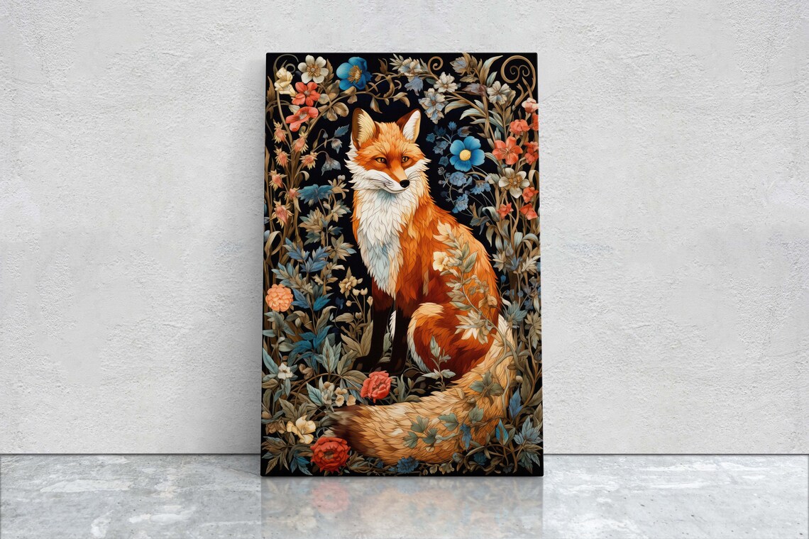 Red Fox William Morris Style Floral Garden Dark Botanical Art Poster
