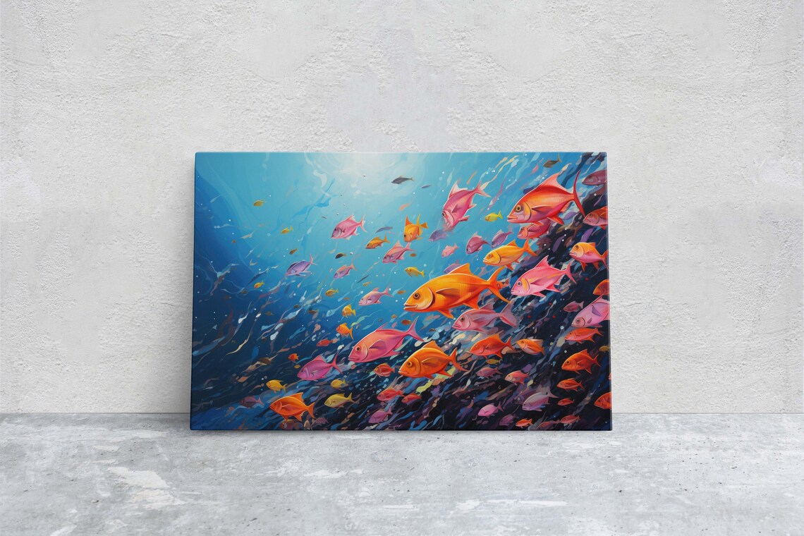 Fish School Painting Wall Art Abstract Blue Sea Painting Boho Wall Dcor Custom Painting Home Decor Large Original Framed
