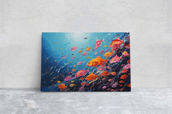 Fish School Painting Wall Art Abstract Blue Sea Painting Boho Wall Dcor Custom Painting Home Decor Large Original Framed