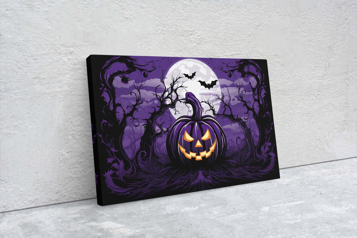 Purple Jack O Lantern Full Moon Bats Spooky Night Halloween Art Poster - Image 2