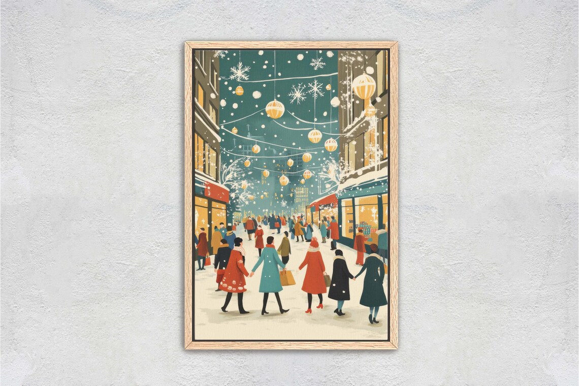 Vintage Christmas Shopping Street Snowy Winter Village Scene Poster