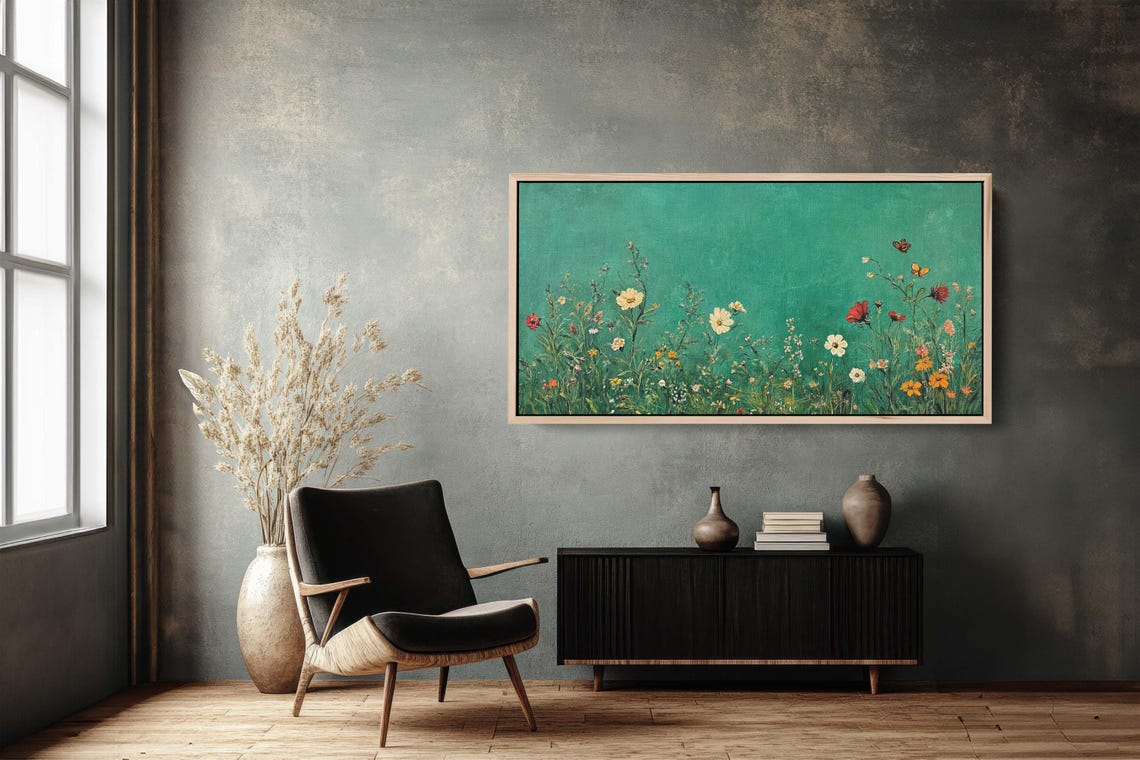 Wildflower Meadow On Emerald Green Textured Botanical Art Poster - Image 3