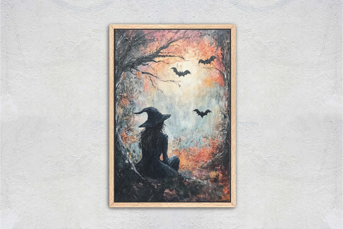 Witch Sitting in Autumn Forest With Bats Gothic Halloween Art Print - Image 2