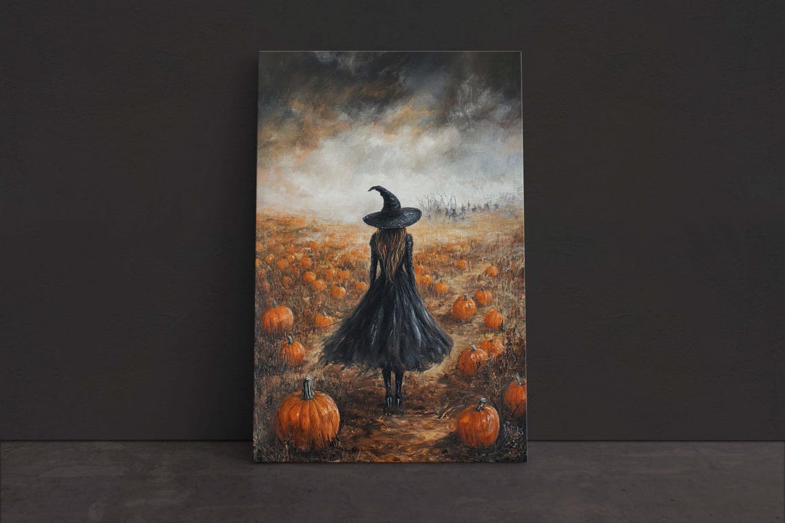 Witch Standing in Pumpkin Patch Moody Autumn Gothic Halloween Poster
