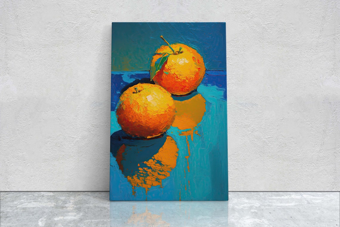 Impasto Orange Still Life Blue Background Modern Kitchen Art Poster