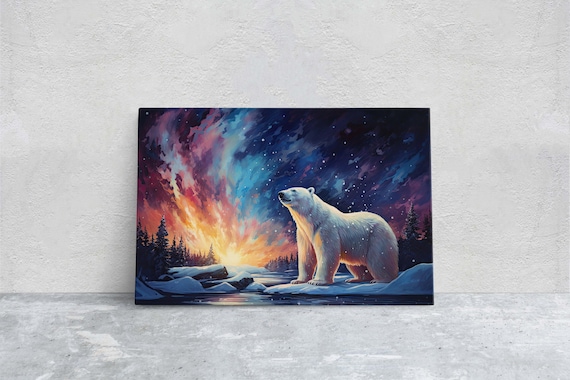 Polar Bear Aurora Borealis Art Print, Winter Decor