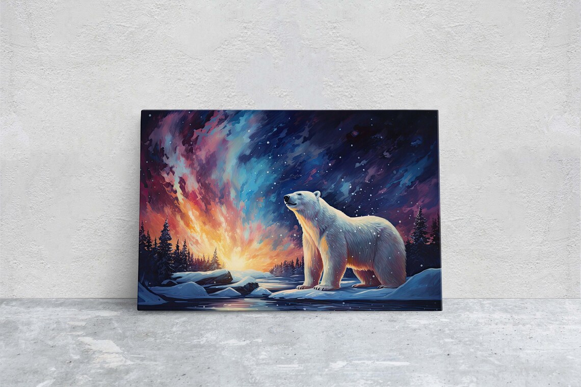 Polar Bear Aurora Borealis Art Print, Winter Decor