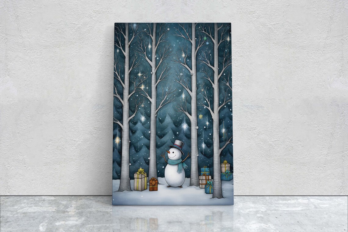 Snowman Presents Forest Illustration Christmas Art Print