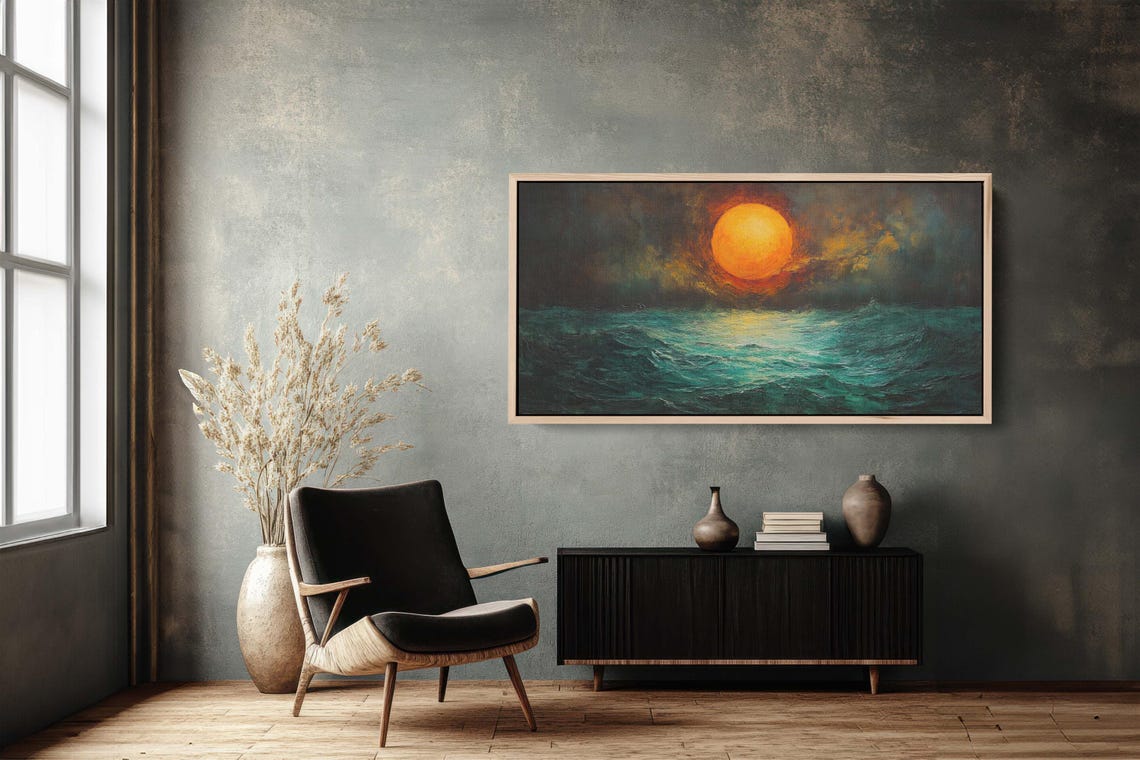 Dark Ocean Sunset Glowing Orange Sun Over Teal Waves Art Poster - Image 3