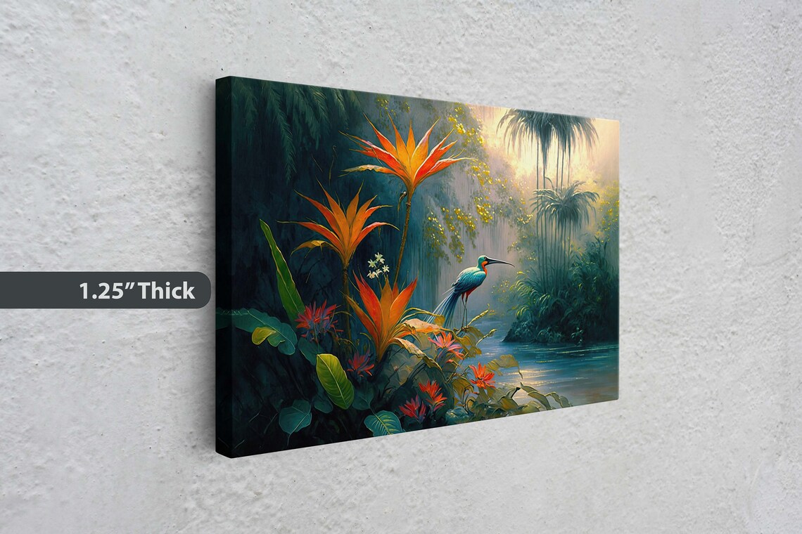 Jungle Flower Bird, Oil Painting Landscape Art Print - Image 3