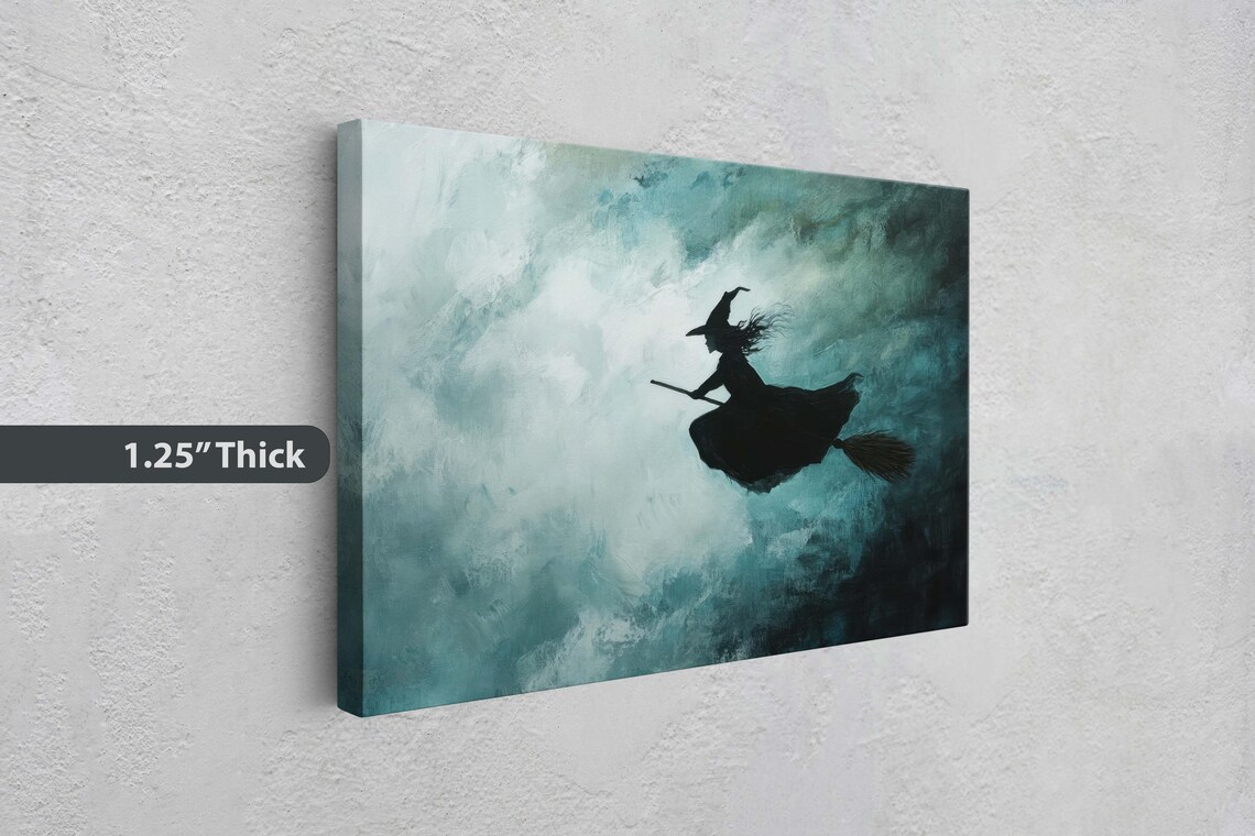 Flying Witch On Broomstick, Whimsical Halloween Art - Image 2