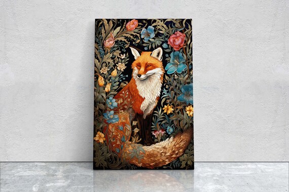 Red Fox Pink Blue Blooms William Morris Floral Garden Art Poster