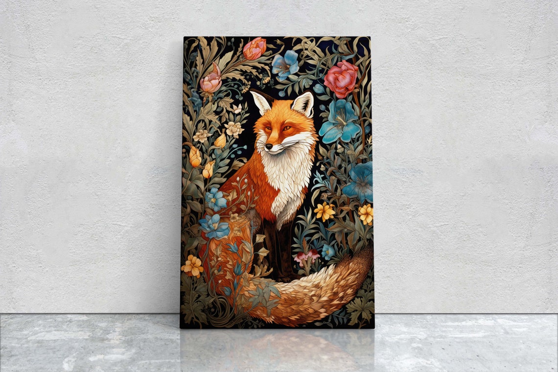 Red Fox Pink Blue Blooms William Morris Floral Garden Art Poster