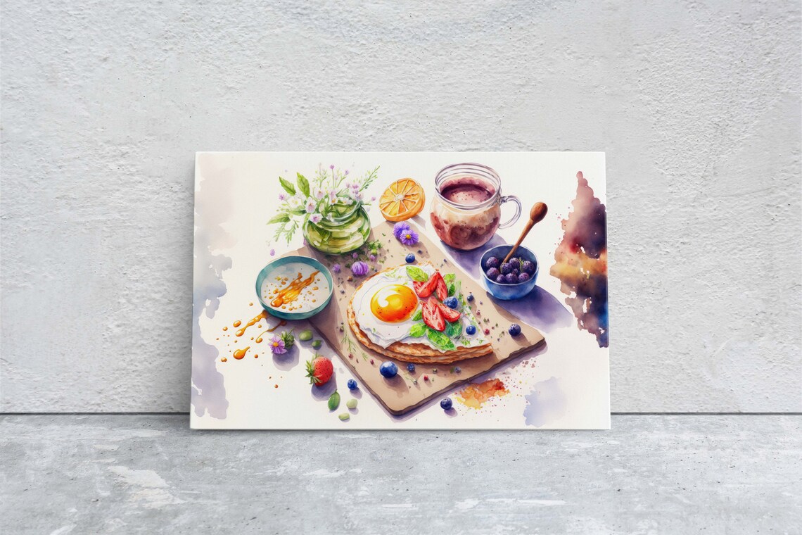 Watercolor Breakfast Art, Colorful Eggs Kitchen Art Print