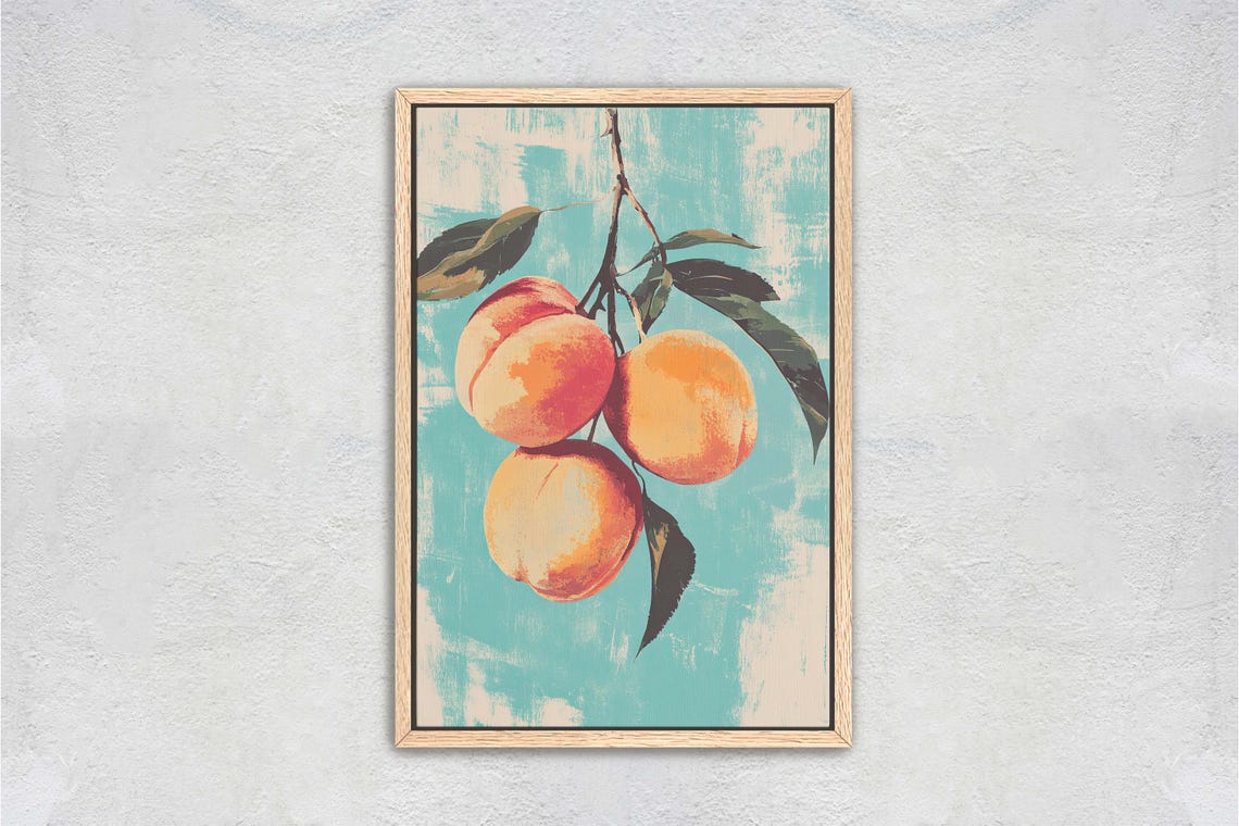 Vintage Peaches On Branch Teal Background Kitchen Fruit Art Poster