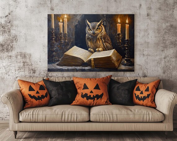 Great Horned Owl on Open Spell Book With Candles Gothic Halloween Print