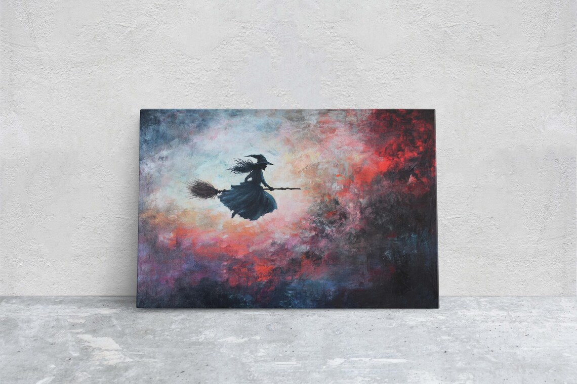 Witch Flying on Broomstick Across Colorful Stormy Sky Halloween Poster - Image 2