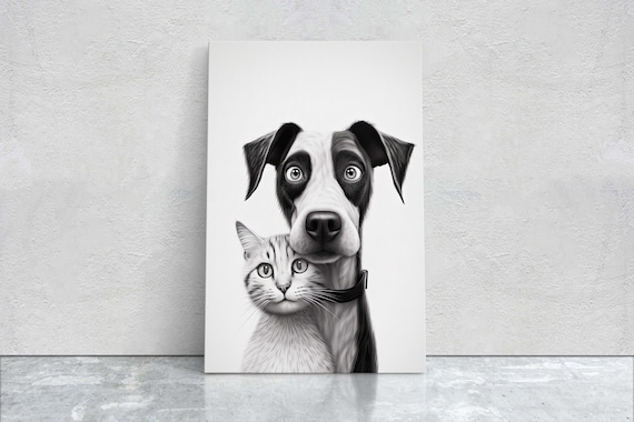 Wide Eyed Dog And Kitten Black White Sketch Pet Portrait Art Poster