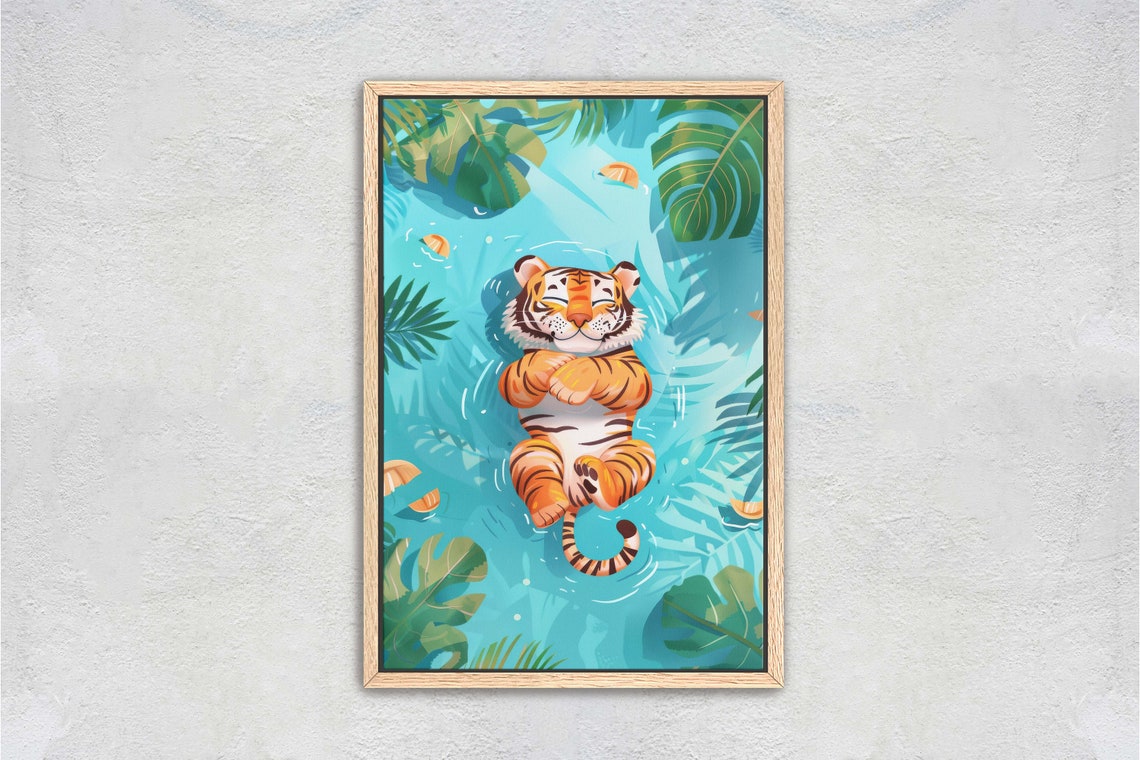 Sleeping Baby Tiger Floating on Back in Blue Lagoon Nursery Art Print - Image 3