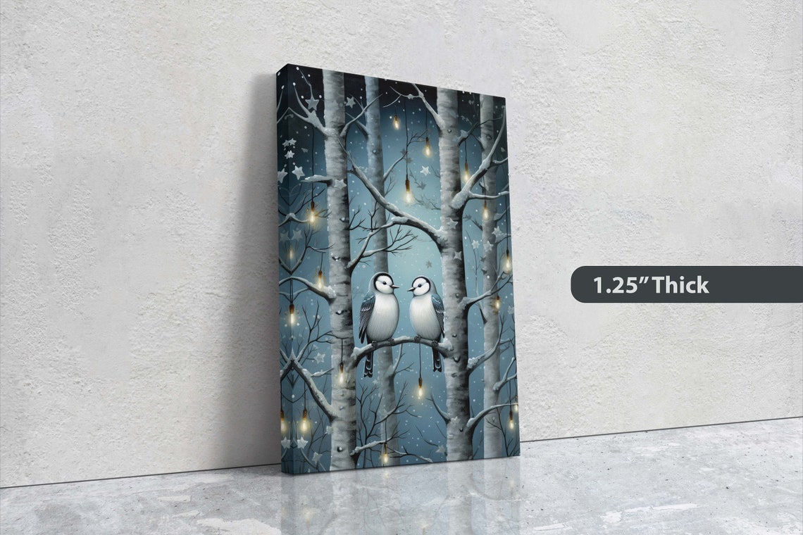 Winter Birds Snowy Birch Forest String Lights Cozy Bird Art Poster - Image 2