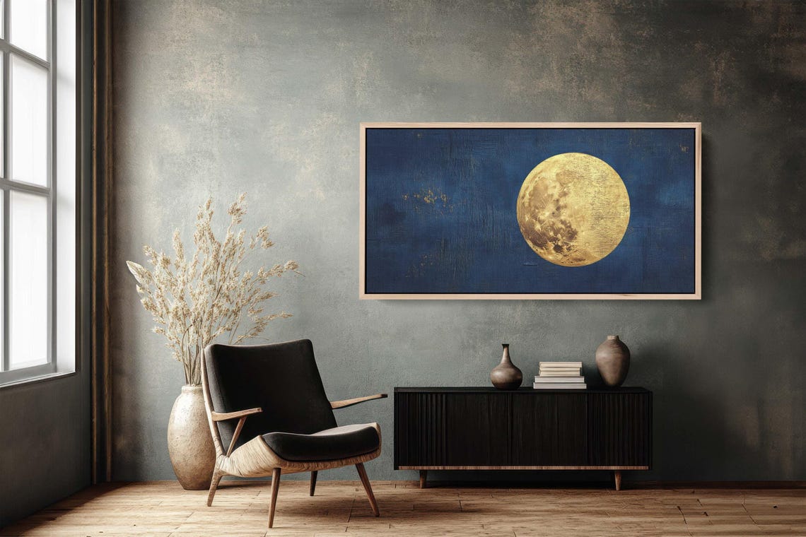 Golden Full Moon On Deep Indigo Night Sky Celestial Art Poster