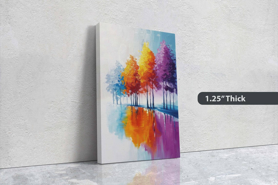 Rainbow Trees By Lake Blue Orange Purple Water Reflection Art Poster - Image 3