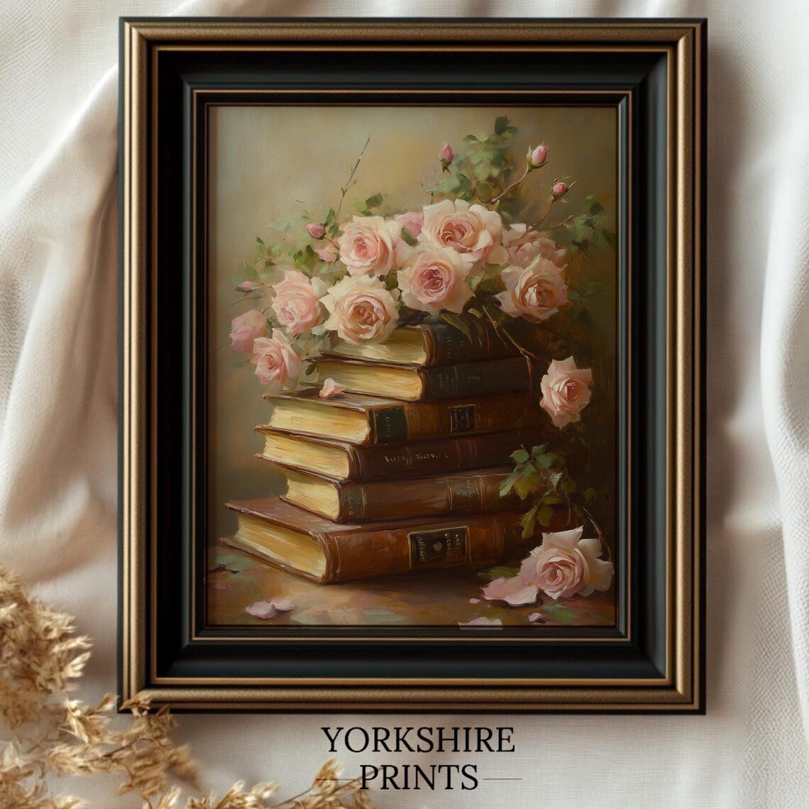 Blush Roses Stacked Antique Books Romantic Dark Academia Poster