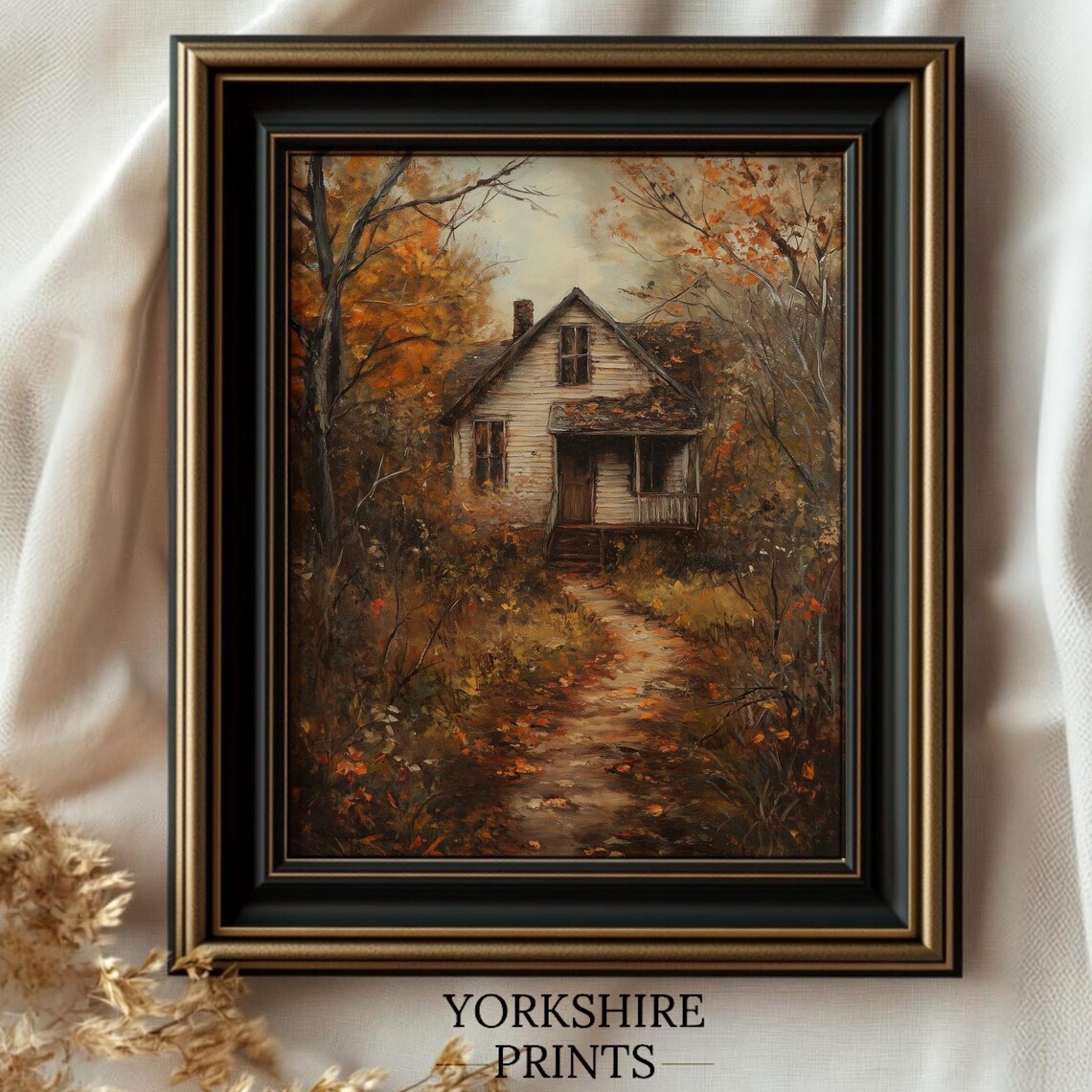 Moody Autumn Cabin In Orange Woods Fall Farmhouse Vintage Art Poster