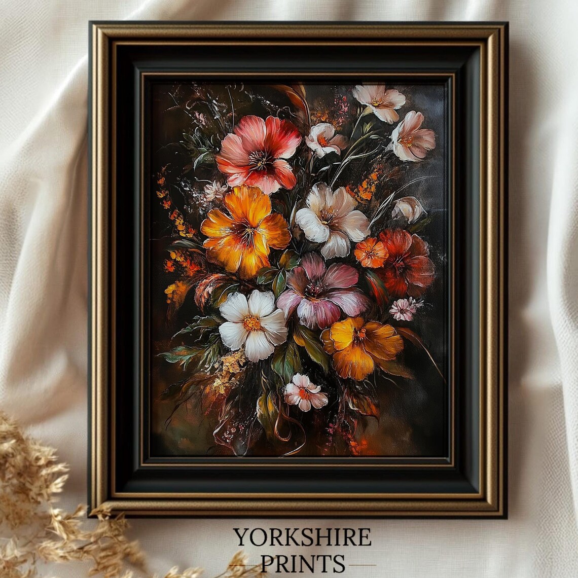 Moody Cosmos Wildflower Bouquet Orange Red Dark Floral Art Poster