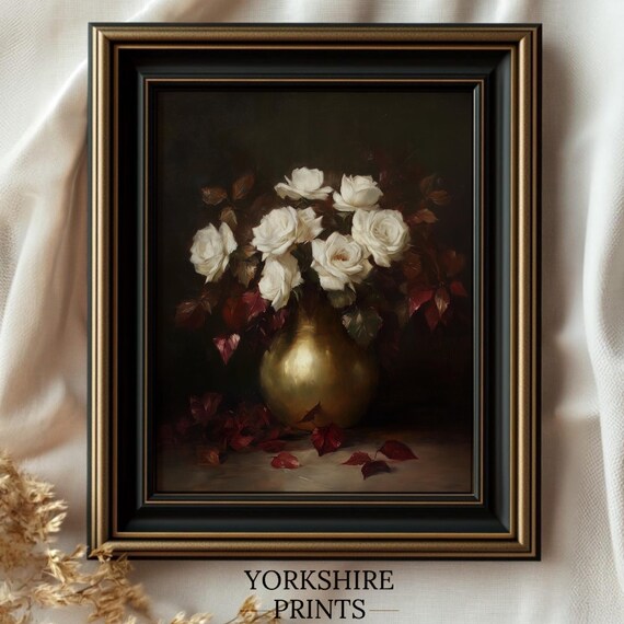 Moody Floral Print Moody Flower Painting Vintage Floral Wall Art Antique Art Print Farmhouse Wall Art Moody Botanical Oil Painting
