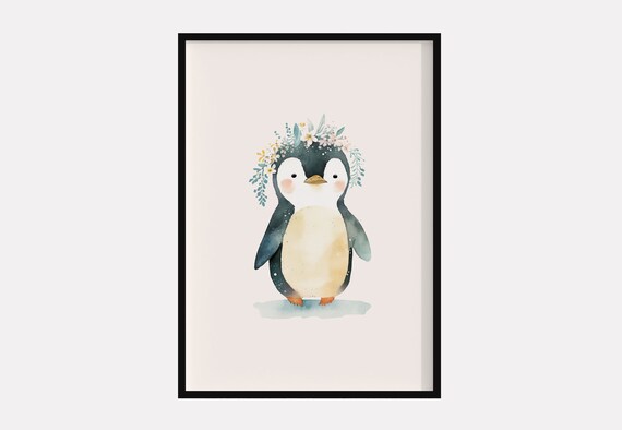 Baby Penguin With Flower Crown Watercolor Nursery Kids Poster