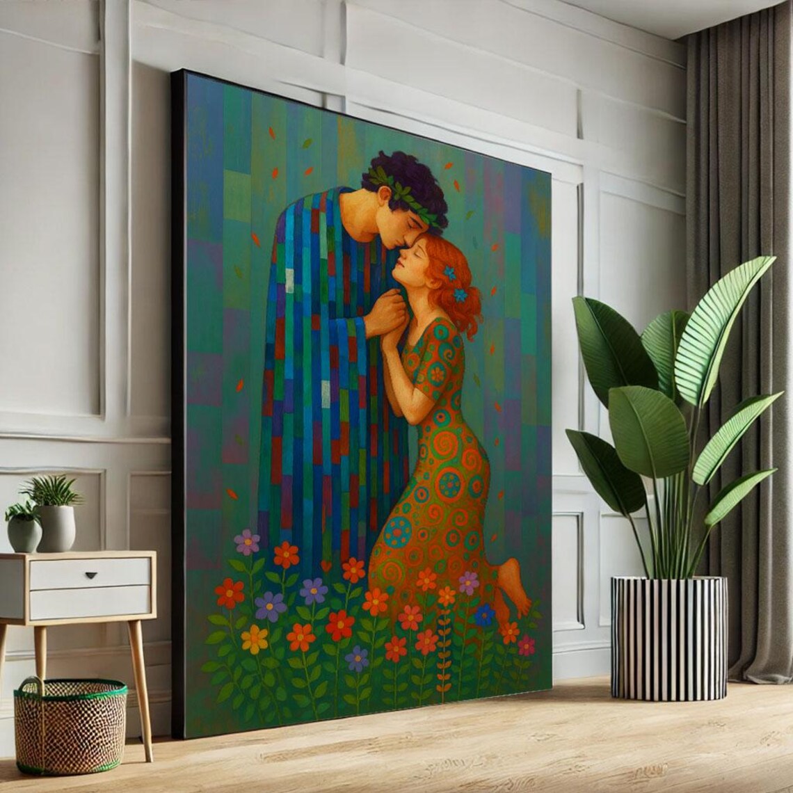 Romantic Klimt Style Couple Kiss In Blooming Flower Garden Poster