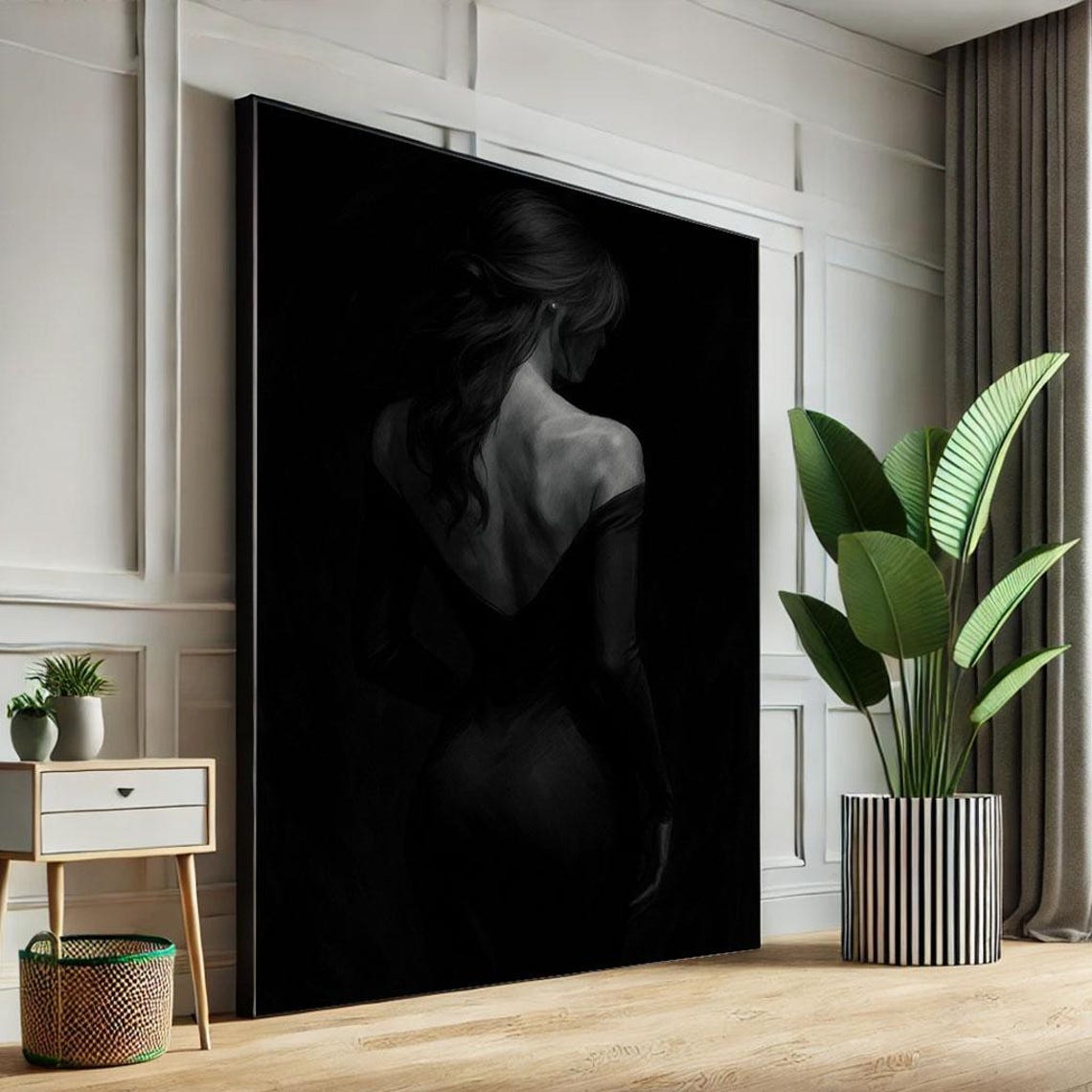 Elegant Black And White Woman Silhouette Canvas Wall Art Print Minimalist Bedroom Decor Statement Piece
