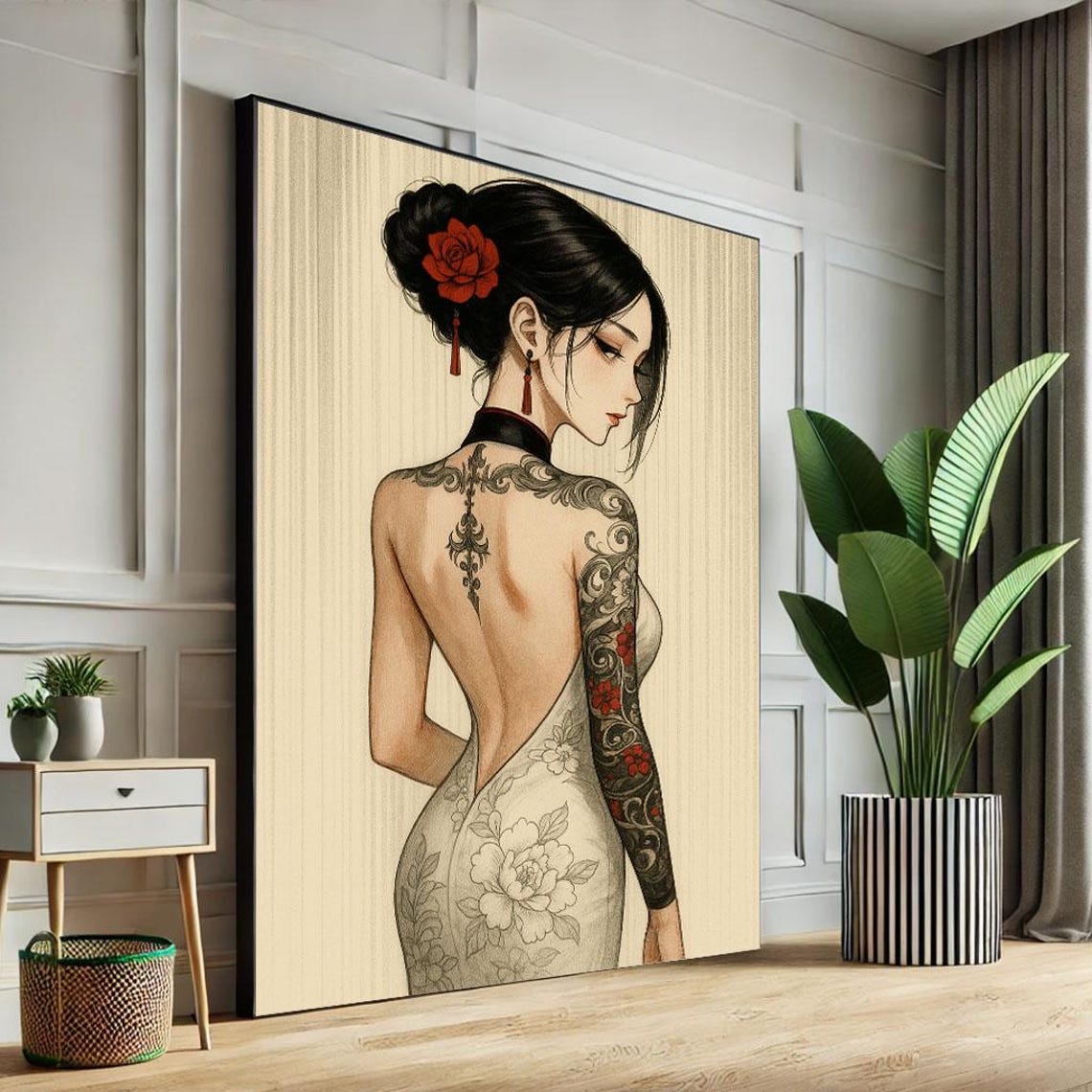 Elegant Asian Woman Tattoo Canvas Wall Art Print Modern Bedroom Decor Statement Piece