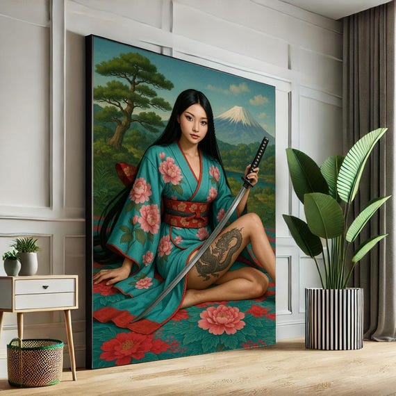 Japanese Samurai Woman Canvas Wall Art Print Bold Traditional Living Room Decor Statement Piece