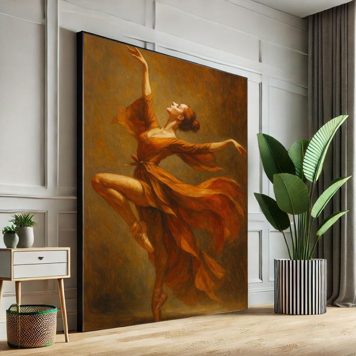 Graceful Ballerina in Flowing Rust Dress Oil Painting Poster
