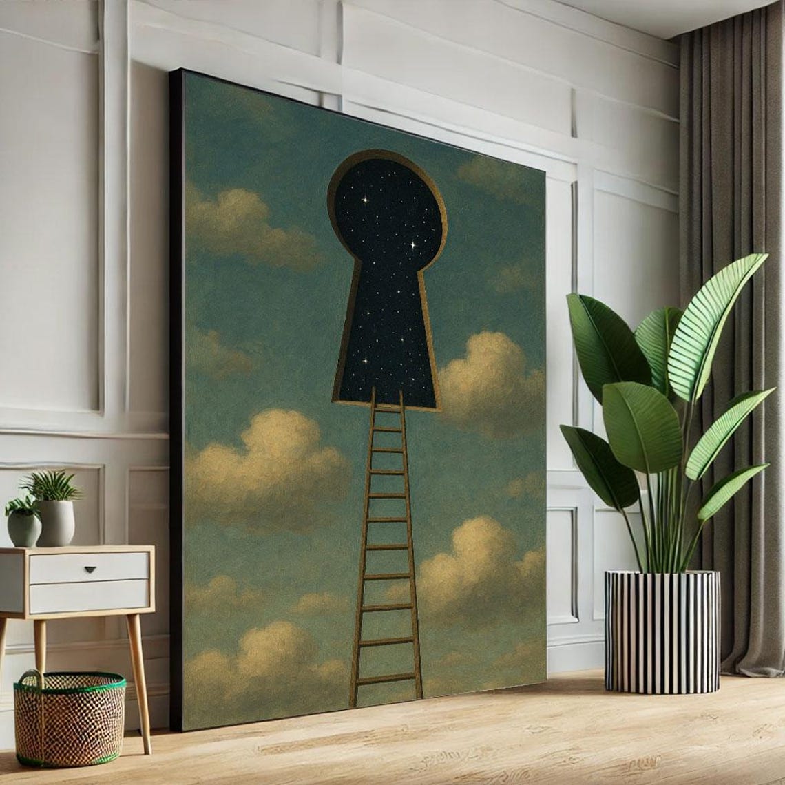 Ladder Climbing To Starry Keyhole In Clouds Surreal Sky Art Poster