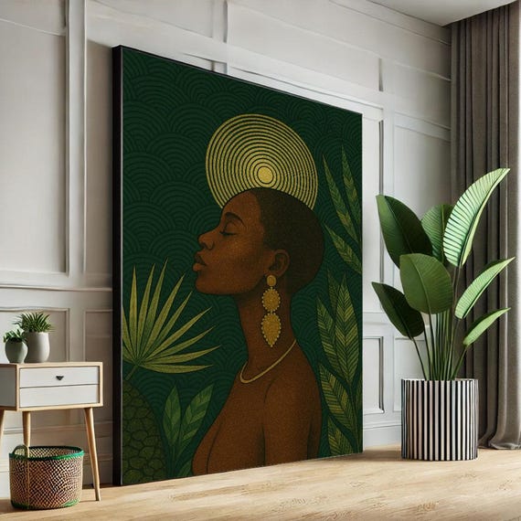 Bold African Woman Portrait Canvas Wall Art Print Modern Green Living Room Decor Statement Piece