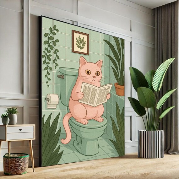 Funny Cat Sitting On Toilet Reading Newspaper Quirky Bathroom Art Poster