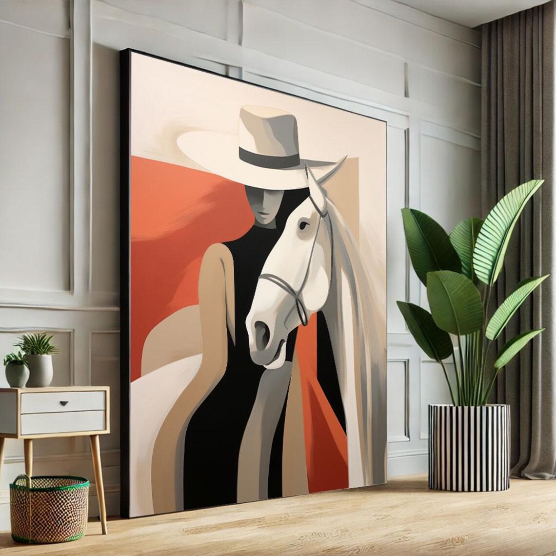 Elegant Woman in Wide Brim Hat With White Horse Modern Art Poster