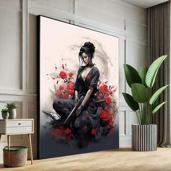 Modern Samurai Woman With Roses Canvas Wall Art Print Bold Bedroom Decor Statement Piece