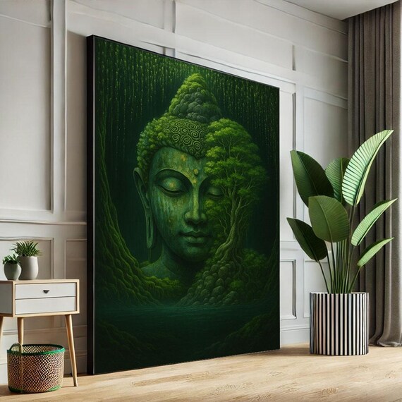Buddha Face Forest Trees Surreal Green Nature Zen Meditation Wall Poster