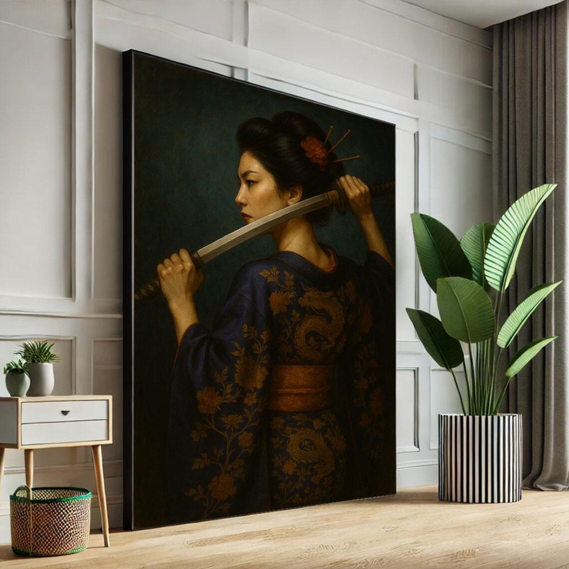 Woman from Behind in Blue Dragon Kimono Katana Over Shoulder Poster