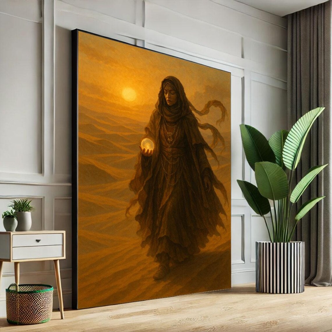 Mystical Hooded Woman Holding Glowing Orb In Golden Desert Poster