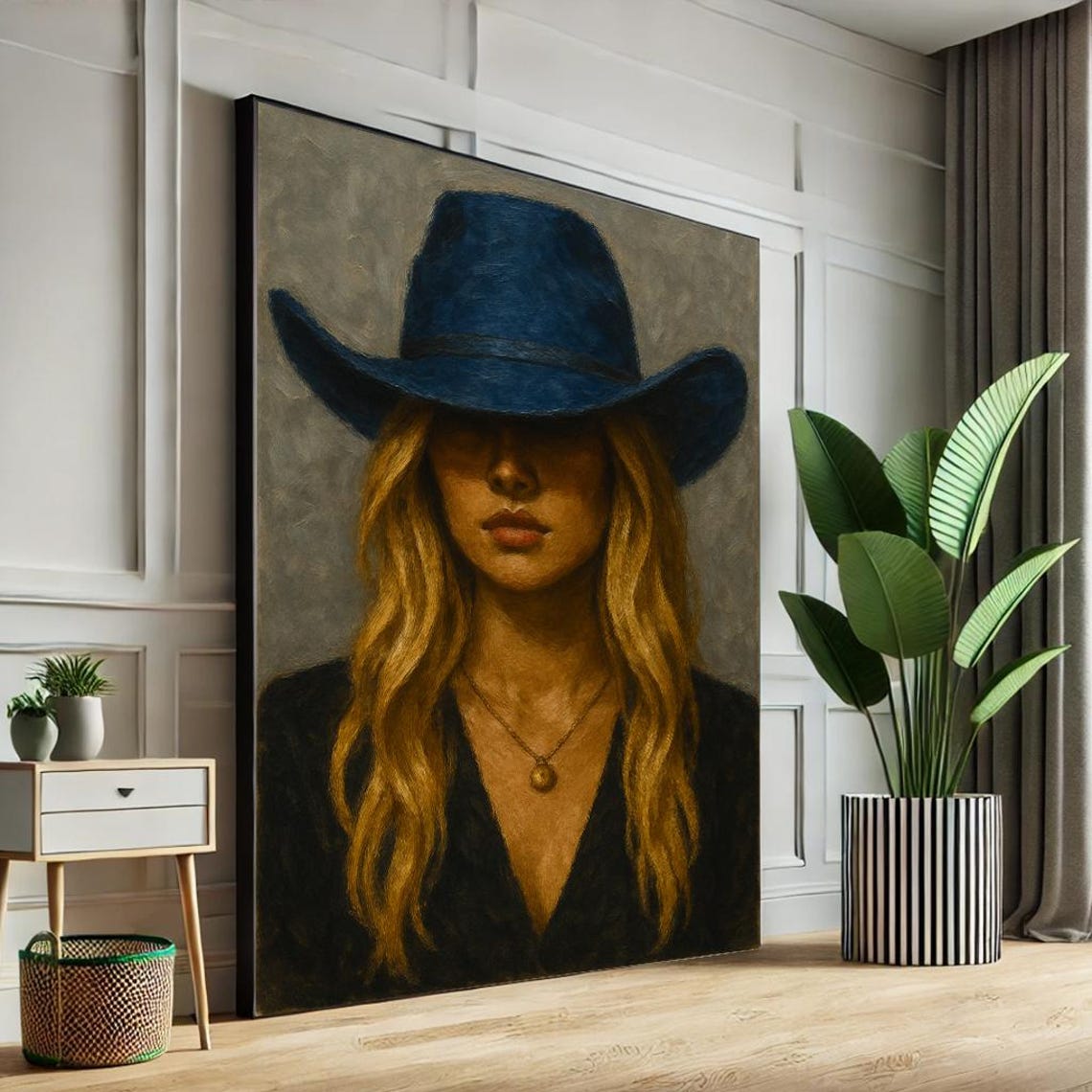 Moody Blonde Cowgirl Blue Cowboy Hat Western Portrait Art Poster