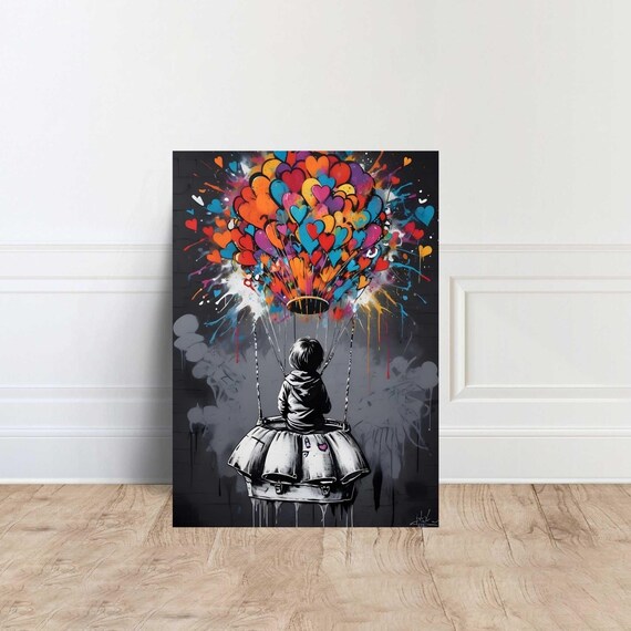 Child Releasing Colorful Heart Balloons Grey Graffiti Dreamy Art Poster