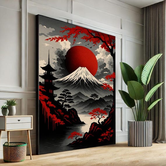 Japanese Mountain And Sun Canvas Wall Art Print Bold Red Black Living Room Decor Statement Piece