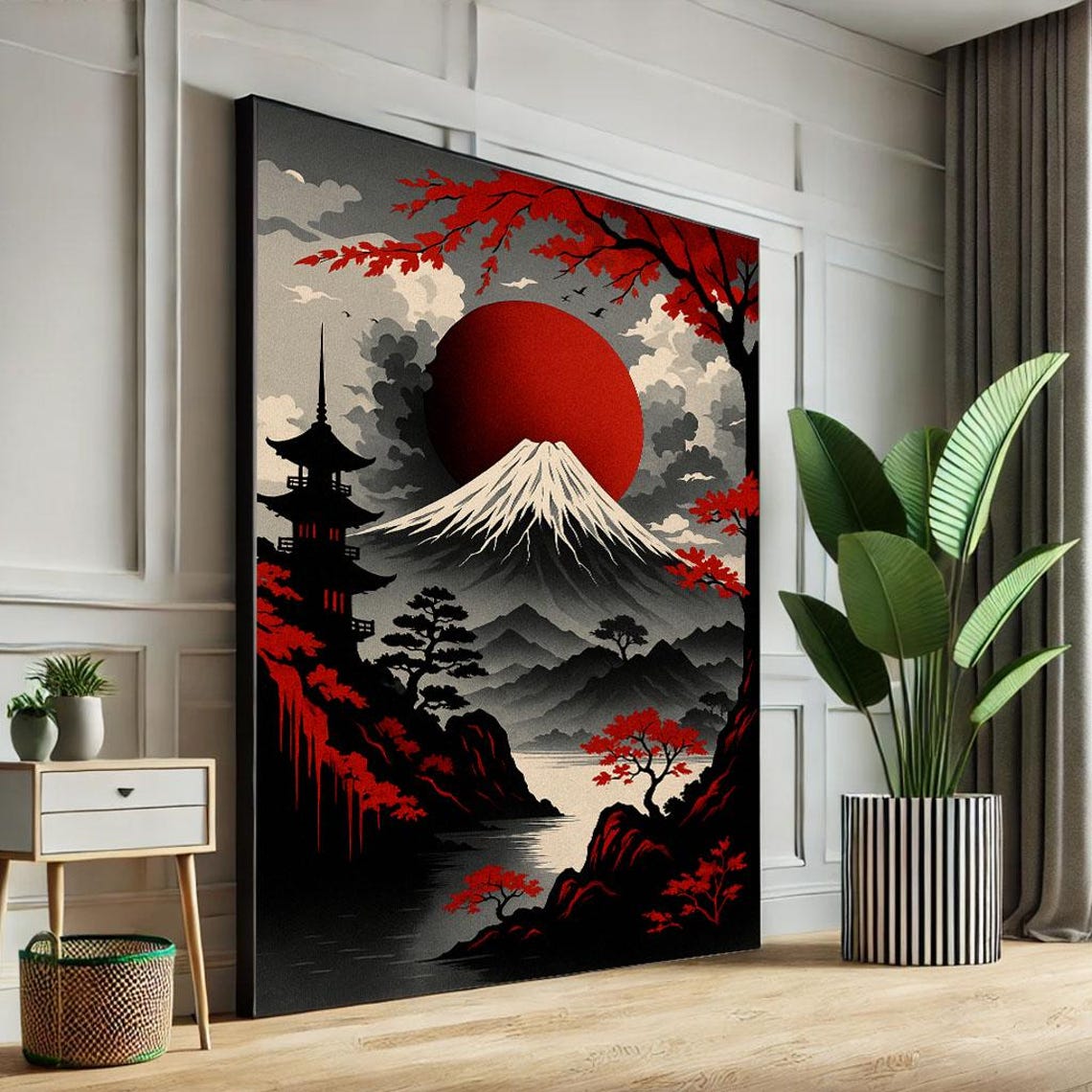 Mount Fuji Red Sun Pagoda Japanese Woodblock Landscape Poster