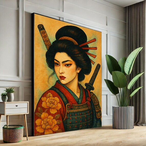 Bold Japanese Samurai Woman Canvas Oriental Warrior With Dragon Tattoo Asian Fantasy Wall Art For Living Room Statement Piece